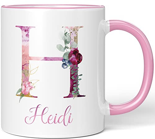 JUNIWORDS Tasse, Heidi, Name Anfangsbuchstabe Initial Alphabet Floral Buchstabe H Monogramm Motiv, Rosa (5512367)