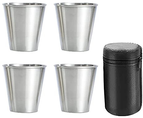Hagsnec Schnapps Cup Rustproof Set of 4 Cups Metal Stackable Hip Flask Small with Leather Bag for Outdoor Use