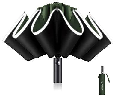 XIXVON Paraguas Pro (10 Varillas, Verde) | UPF 50+ 99% De ProteccióN UV, Banda De Seguridad Reflectante, Resistente Al Viento, PortáTil, AutomáTico | Paraguas Plegable Inverso