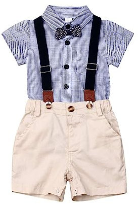 Dazzerake 2 Pezzi Completi per Neonato Tutina da Gentiluomini Estivi Pagliaccetto Camicia a Maniche Corte con Papillon + Salopette Pantaloncini con Bretelle 0-24 Mesi (Beige C, 9-12 mesi)