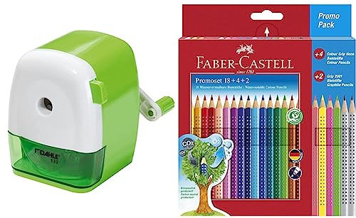 Dahle 133 Manuelle Spitzmaschine grün/weiß & Faber-Castell 201540 - Buntstifte Set für Kinder und Erwachsene, 24-teilig, dreikant, bruchsicher, inkl. 4 Neonfarben und 2 Bleistiften