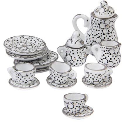 Puppenhaus Möbel, Puppenhaus Zubehör, Miniatur Porzellan Tassen Set, 1:12, Esszimmer Tee Blumenmuster für Kinder, Weihnachten, 15 teilig