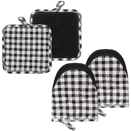 Oven Mitts and Pot Holders Set, Oven Gloves Heat Resistant Silicone Kitchen Mini Oven Mittens for 500 Degrees, 4 pcs Kitchen Accessories for Cooking, Double Layered Oven Gloves (black and white)