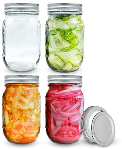 volila Mason Jar avec Couvercle - 490ml (Paquet de 4) Bocal en Verre avec 2-Parties Couvercle Pour Joint Hermétique - Bocal en Verre pour Overnight Oats Jar, Bocaux à Pickles, Bocaux de Conserve