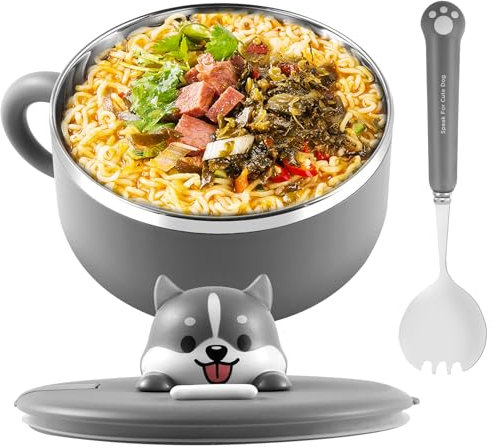 1200ml Ramen Bowl with Lid and Handle 304 Stainless Steel Soup Bowl Heat Resistant Instant Noodle Bowl Dustproof Salad Box, Kitchen Pasta Bowl for Dorm Office Home (Grey)