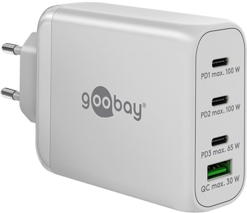 goobay 65556 Multiport Power Delivery USB C 100W Ladegerät/Kompaktes ultraschnelles Netzteil für 4 Geräte/Quick Charge USB Anschluss/Weiss