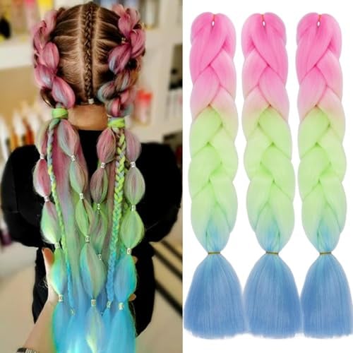ColorfulPanda Jumbo Braid Lot de 3 extensions de cheveux synthétiques Kanekalon 61 cm 100 g Extensions de cheveux synthétiques au crochet (rose/vert/bleu)