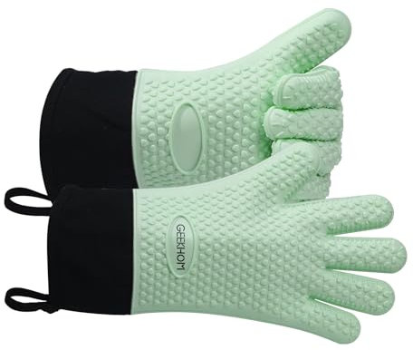 GEEKHOM Silikon Ofenhandschuhe Hitzebeständige Silikon Ofenhandschuhe BBQ Handschuhe Wasserdicht Küchenhandschuhe für Barbecue Grillen Weber Mikrowelle, rutschfeste Ofenhandschuhe mit Fingern,