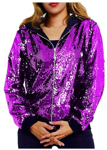 Generico Elegante giacca con cappuccio da donna retrò con paillettes, felpa con cappuccio giacca corta estiva da donna, con paillette, in argento, a maniche lunghe giacca di paillettes da donna