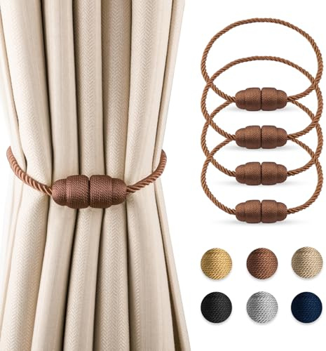 Dalababa 4 Stück Magnetische Vorhang Raffhalter, Braun | Vorhanghalter Seil Gardinenhalter, Raffhalter für Vorhänge Vorhangschnalle für Home Büro Gardinen Deko