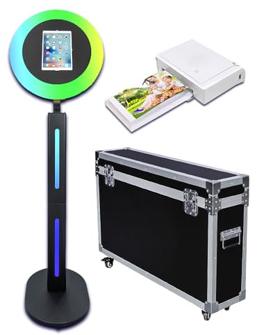 Tragbare Fotokabinen-Maschine mit App-Steuerung, Fernbedienung, RGB-Ringlicht, Fotokabine, kompatibel mit iPad Home Instant Photo Booth (Schwarz, iPad-Fotokabine + Mini-Drucker)