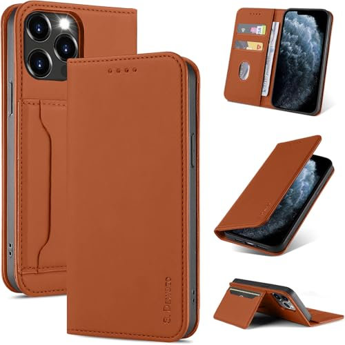S. Dawezo Handyhülle für iPhone 11 Pro Max Hülle,Premium Leder Klappbare Flip Case [Stoßfeste][Magnetische][Standfunktion] [Kartenfächern] Tasche Schutzhülle für iPhone 11 Pro Max-Braun