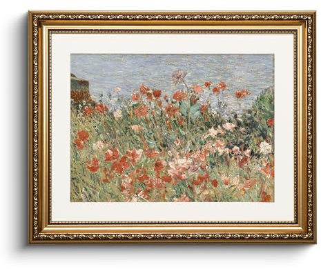 HUARCEY Leinwand Bilder mit Gold Rahmen, Vintage Wandbilder, Klassisch Wand Deko Wohnzimmer Schlafzimmer Badezimmer Küche, Bauernhaus Zimmer Deko Aesthetic, Mohn Blumen Painting, 33x40cm, klein