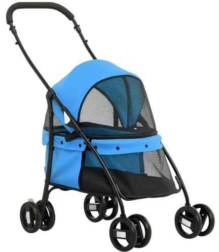 PawHut Hundebuggy Hundewagen Kissen Meshfenster Klappbar bis 10 kg Blau | Katzenwagen, 2 Sicherheitsleinen, Hundetrolley, Oxford-Gewebe