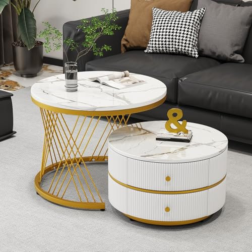 Lexiou 2-teiliges Elegantes, Couchtisch-Set in Nestform, 60x60x46cm & 50x50x30.8cm, runde Tische mit hochglänzender Marmoroptik, 2 Schubladen, bis 30kg belastbar,Nesting-Kombination Couchtisch,Gold