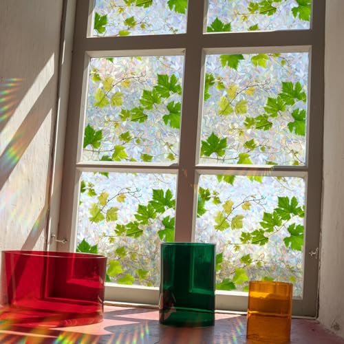 Runtoo Sichtschutzfolie für Fenster, Regenbogenfarben, Efeu, grüne Pflanzenblätter, Fensteraufkleber, 3D, dekoratives Fenster, Vinyl, Buntglas, Fensteraufkleber, statisch haftend, nicht klebend, 40 x