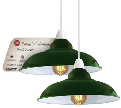 LEDSone Industrieller Hänge-Deckenlampenschirm, Retro-Küchen-Hängedeckenleuchten, Vintage-Metall-Loft-Bar-Pendelleuchte, rustikaler Hängelampenschirm (Grün, 2er-Pack)