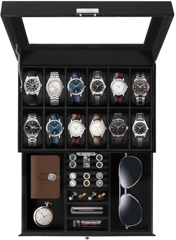 Uten Watch Box 12 Slots, 2-Tier Watch Case with Key Lock, Glass Lid, Watch Display box for Men and Women, Black Synthetic Leather, Black Velvet Lining, Removable Pillows, Jewelry Storage Box
