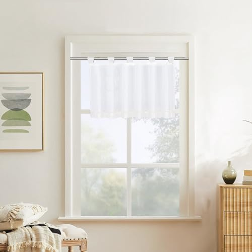 gvivej Scheibengardine, 45 x 90 cm Scheibengardine mit Schlaufen, Halbtransparent Bistrogardine, Voile Bistrogardine mit Schlaufen, Unifarbige Kurzstore, Kurzvorhang Küchen für Küche (Weiß)