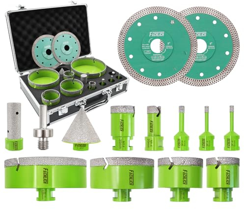 FACHLICH Juego de Brocas Diamante-Corona para Porcelanico, Cerámica, Mármol, Granito 14 Piezas(6/6/8/20/35/50/68/100/125mm+20mm Fresa+50mm Broca Chaflán Biselado+Adaptador+2ud 125mm Disco)