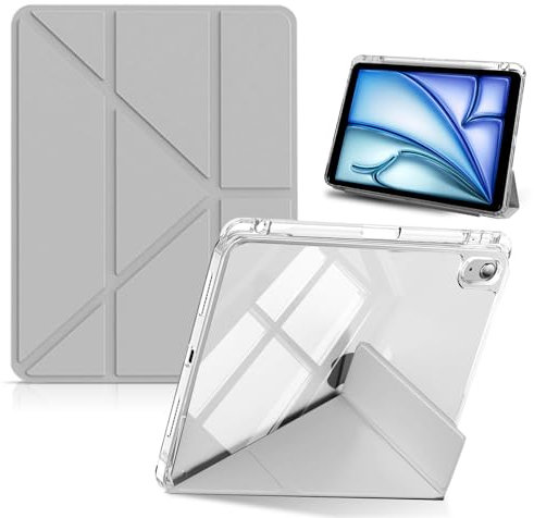 HinZann Funda para iPad Air 11 Pulgadas M3/M2 (2025/2024)/iPad Air 5ª/4ª Generación (2022/2020) 10,9 con Soporte, Cuero de PU+Funda Protección Transparente Trasera, Auto-Reposo/Activación - Gris
