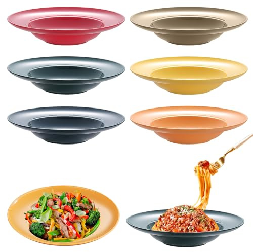 6 Stück Pastateller: Ø 23 cm Nudelteller aus Kunststoff, Wiederverwendbar Speiseteller Set, unzerbrechlich Suppenteller und Salatteller, für Nudeln Salate Steaks - Spülmaschinenfest