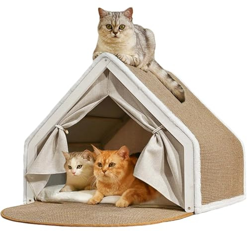 Katzenhaus Katzenhöhle für Zwei Katzen Katzenzelt Kratzbrett Sisal, 2-in-1 Holz Katzenzelt Indoor & Kratzbrett & Katzenbett, Katzenspielzeug Katzen rückzugsort lärm (Beige, 64x50x50)