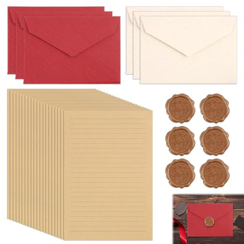 32 Stück Briefpapier Vintage Papier, Briefpapier Set mit Umschlag und Wachssiegel, 20 A5 Bögen Liniert, Leinenumschläge, Briefpapier Edel für Hochzeit, Geburtstag, Einladung, Grußkarten, Liebesbriefe