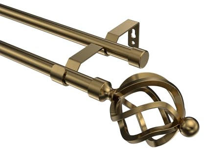 INTERDECO Gardinenstange 16 mm 2-läufig Messing Antik 160 cm | aus Metall, für Wandmontage, Endstück Paolo (Schmiedekugel), ohne Ringe, kürzbar, Traglast bis 7 kg, Klassisch / Landhaus