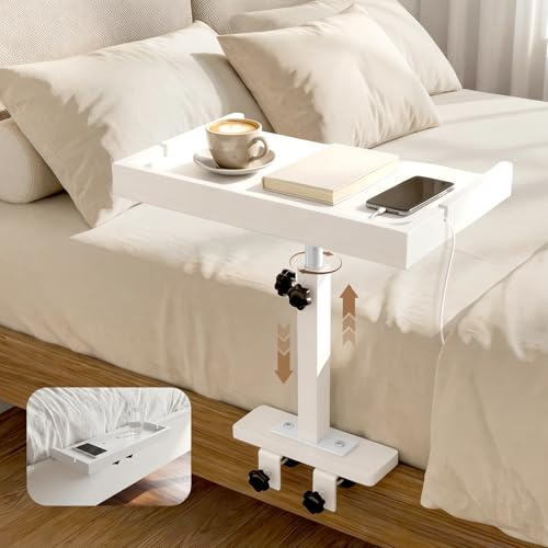 Bettablage zum Einhängen, 35 x 20 cm Nachttischregal mit Clip, Beistelltisch mit Kabelmanagement, Metallstange & Ladekabelsteckplatz, Abnehmbar Nachttisch für Etagenbett&kleine Wohnungen (Weiß)