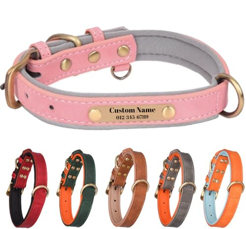 Collare personalizzato in pelle per cani Youdian, regolabile e personalizzabile, collare per cani di taglia piccola, media, grande e extra-grande con targhetta personalizzata incisa (Rosa)