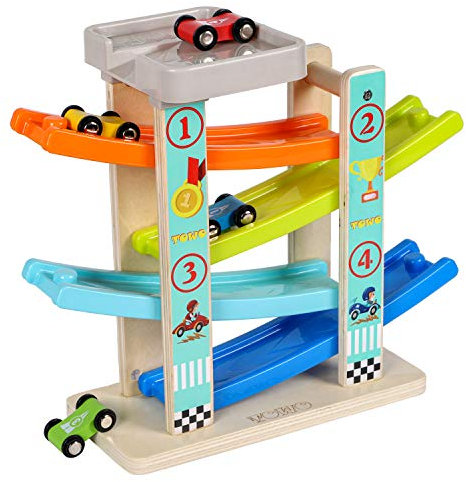TOWO Zig Zag Ramp Toy – Slide Track with 4 Cars & Rooftop Parking Playset – Click Clack Racing Toy for Toddlers Boys Girls Ages 1-4