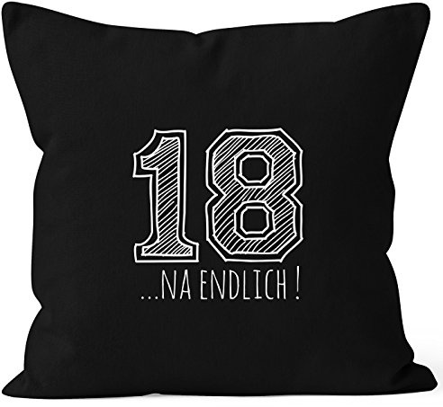 MoonWorks Kissenbezug Geschenk Geburtstag 18... NA endlich College Sketch Kissen-Hülle Deko-Kissen Baumwolle Schwarz 40cm x 40cm
