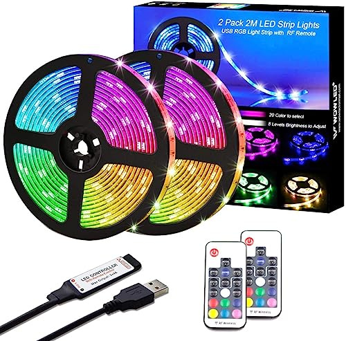 Tira de luces RGB WOWLED, paquete de 2 tiras de LED RGB de 5 V que cambian de color de 2 m con 17 teclas, mando a distancia RF, tira de luz impermeable de 13 pies para el hogar, cocina, boda, fiesta