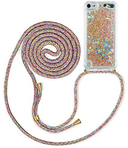 MXKOCO Handykette kompatibel mit iPod Touch 5/6/7(2019) Glitzer Flüssig Bewegende Treibsand Hülle mit Band Umhängetaschen+Hüllen mit Umhängeband Handykordel mit Schutzhülle Stylische Kette mit Hülle