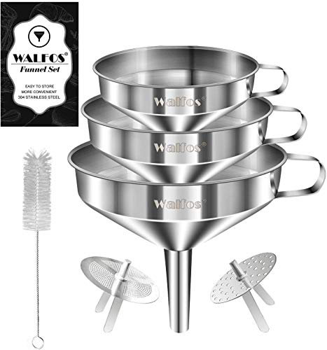 Walfos - Set de cocina de embudo de acero inoxidable, paquete de 3 embudos (5.7 '' + 5.0 '' + 4.1 '') con 2 filtros de filtro extraíbles para transferir líquido y 1 pieza de cepillo de limpieza