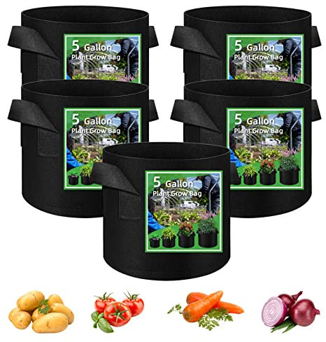 5 Pack Vegetable Grow Bags, Gardening Plant Growing Bags Breathable Non-woven Fabric Plant Pots with Handles Indoor & Outdoor Grow Containers for Vegetable/Flower/Plant/Fruits, 5 Gallon(Black)