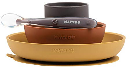 Nattou Set Repas en Silicone Pour Enfants, 4 pcs., Assiette + Bol Antidérapant, Sans BPA, Silicone, Orange/Rouge