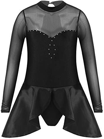 ranrann Mädchen Ballettkleid Langarm Eiskunstlauf Kleid Anzug Glitzer Tanzkostüm Tütü Rock Kinder Gymnastik Tanz Rollschuh Rollschuhlaufen Trikot Leotard Kleid Schwarz 158-164/13-14 Jahre