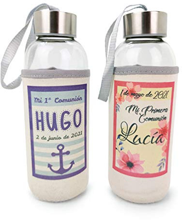 DISOK - Lote 20 Bidones Botellas de Cristal con funda de Neopreno PERSONALIZABLE (7125-BL). Originales botellas personalizadas para comuniones, bautizos, boda, eventos, fiestas, conmemoraciones.