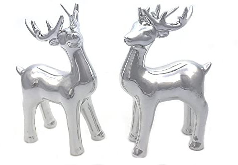 ELLUG 2er Set REH Rentier Elch Silber glänzend aus Porzellan H.: 20cm Winterdeko Weihnachtsdeko Tischdeko