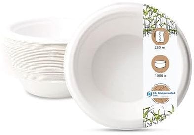 BIOZOYG Einwegschalen 1000 Stück 250 ml Ø 16 cm weiß - Suppenteller aus Zuckerrohr Partygeschirr Einwegteller Suppenschalen - Bowl Pastateller, tiefe Teller stabil