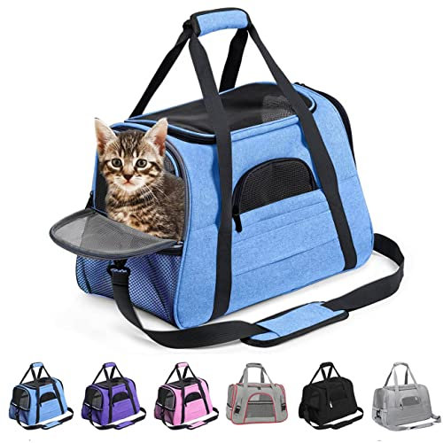 KJSXUUE kleine Hunde Transportbox,transportbox Katze, Atmungsaktive und Faltbare Hundebox mit Verstellbarem, Katzentransportkäfig mit Abnehmbarer Plüschmatratze (Blau)