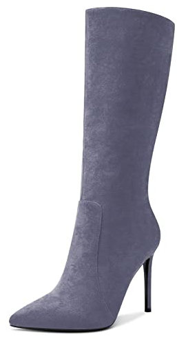 Aachcol Donna Metà polpaccio Stivali Spillo Alto High Tacco Heel Chiusa a Punta Cerniera Classico 10 CM Grigio Scamosciato 38 EU