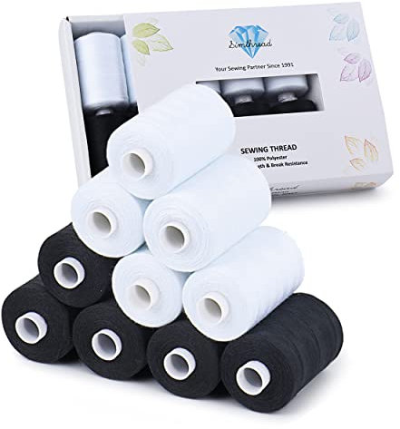 Simthread Filo da cucito multiuso, 10 rocchetti (5 bianchi + 5 nero) 914,4 m ciascuno, filo in poliestere per cucire, pratico filo da cucito in poliestere per macchina da cucire - (serie bianca e