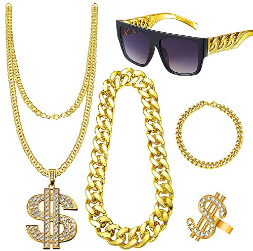 CLIUNT Hip Hop Kostüm Set, 5 Stück Hip Hop Kostüm Kit, mit Dollar Kette, Dollarzeichen Ring, Rockstar Brille, 80er/90er Rapper-Accessoires, für Männer und Frauen
