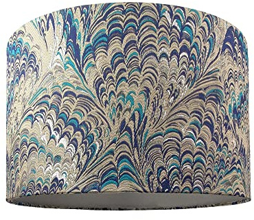 Contemporary and Vivid Peacock Print Table/Pendant Drum Lamp Shade in Teal, Grey, Blue and Silver Cotton - 25cm with Silver Satin Fabric Inner Lining | 60w Maximum by Happy Homewares