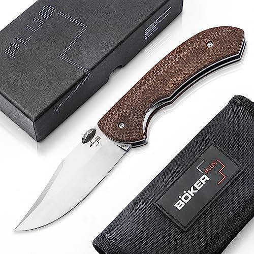 BÖKER PLUS® Pocket Bowie Knife - Taschenmesser mit D2 Bowie-Klinge & Daumen-Heber - Bowie 1 Hand Klappmesser mit Micarta Griff - Drei Finger Messer in Etui