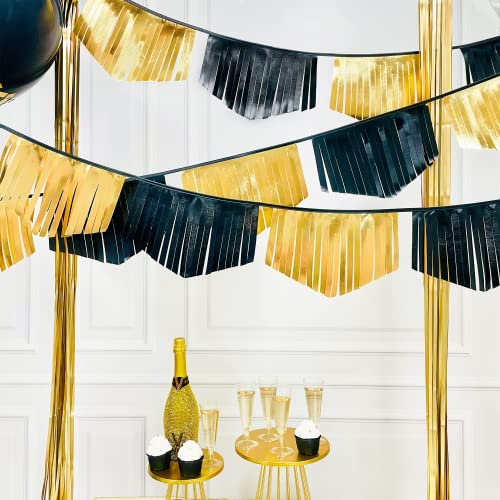 Schwarz und Gold Quaste Banner Doppelseitig Metallic Stoff Wimpelkette Flagge Girlande für Abschluss Jubiläum Bachelorette Geburtstag Hochzeit Brautdusche Junggesellinnenabschied Dekorationen Zubehör