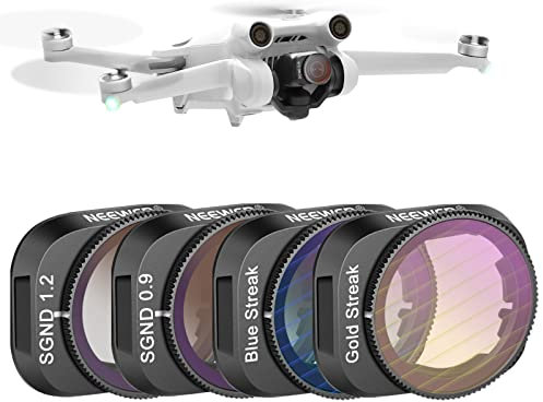 NEEWER Effekt- und ND-Filter-Set kompatibel mit DJI Mini 3/Mini 3 Pro, 4 Stück GND0,9 GND1,2 Filter mit neutraler Dichte mit weichem Rand und blau-goldenem Streifenfilter für Drohne